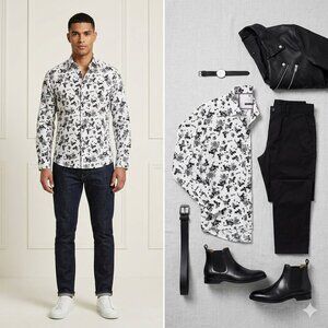 Visconti Uomo XL Luxe Black White Floral Textured Cotton Men's Shirt